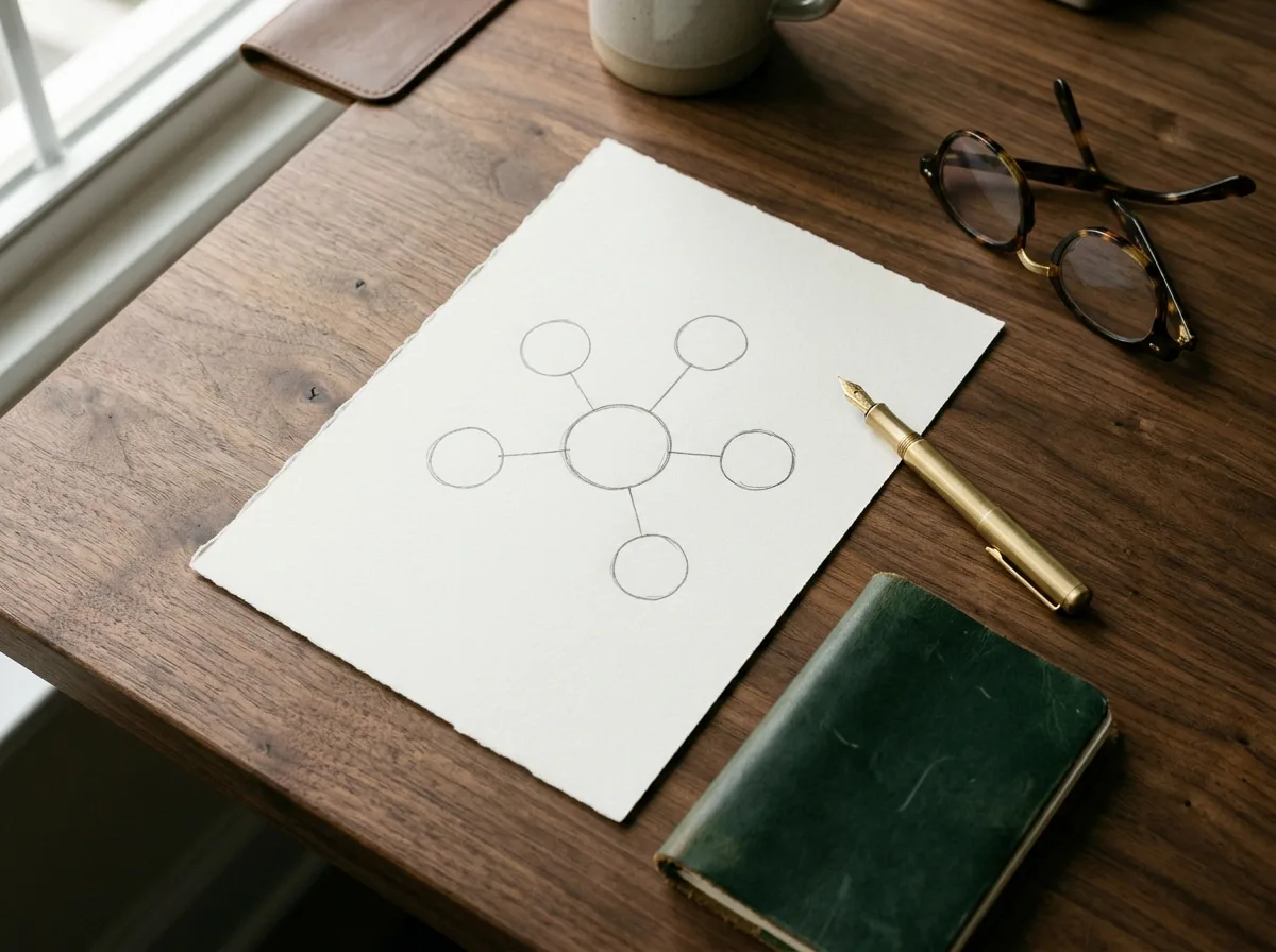 A sheet of paper with a pencil sketch: one central circle linked to five circles